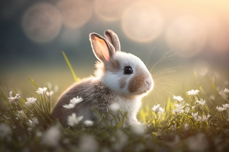 Cute Bunny rabbit sitting in a dreamy field at Easter during the spring season.の写真素材