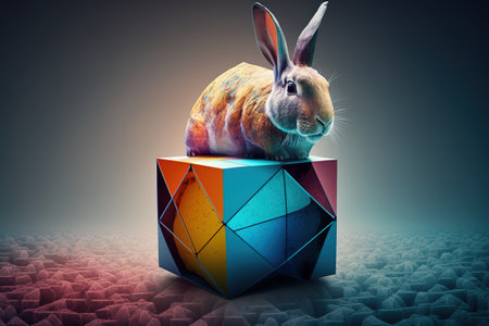 Digital easter concept. Hare or rabbit as a cube. and colorful eggs around.の写真素材