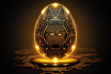 Digital egg in tech futuristic style. Greeting card with abstract 3d egg with circuit board texture. Glowing vector illustration.の写真素材