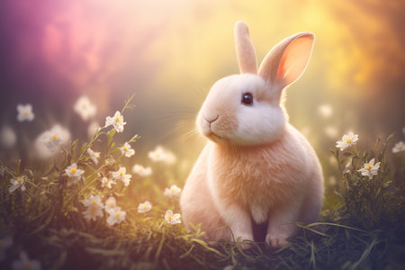 Cute Bunny rabbit sitting in a dreamy field at Easter during the spring season.の写真素材