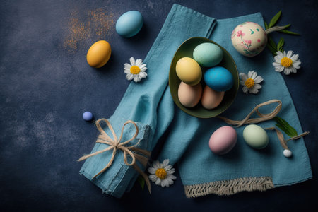 Easter banner with painted eggs and napkin on dark blue background. Top view, flat lay with copy...