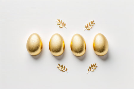 Easter golden decorated eggs stand in a row on white background. Minimal easter concept. Happy Easter card with copy space for text. Top view, flatlay.の写真素材