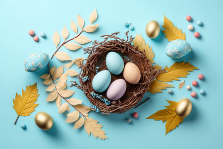 Easter poster and banner template with Easter eggs in the nest on light blue background.Greetings and presents for Easter Day in flat lay styling.Promotion and shopping template for Easter.の写真素材