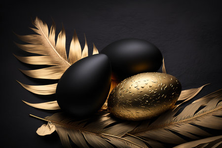 Golden metallic and black painted eggs with golden feathers on and black background. Easter minimal composition.の写真素材