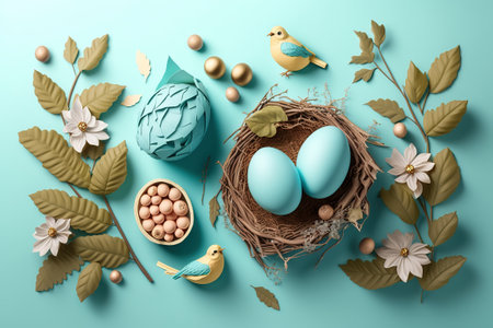 Easter poster and banner template with Easter eggs in the nest on light blue background.Greetings...