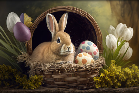 Little Bunny In Basket With Decorated Eggs - Easter Card.
