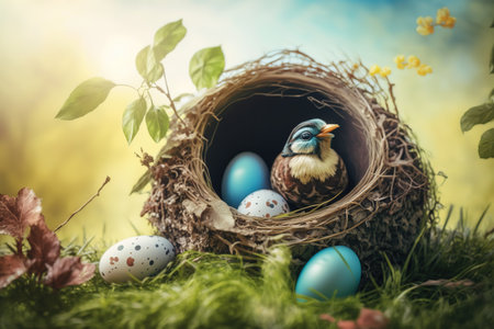 Nest with easter eggs in grass on a sunny spring day - Easter decoration, banner, panorama,...