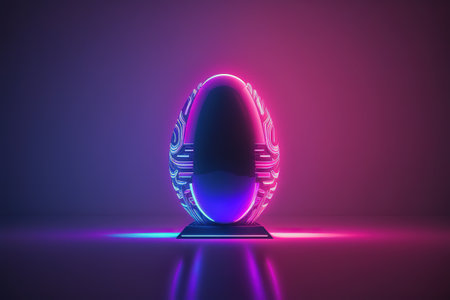 Futuristic easter egg made of neon light, vibrant magenta, pink, and blue colours. Easter concept.の写真素材