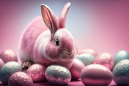 Pink easter bunny and many eggs.の写真素材