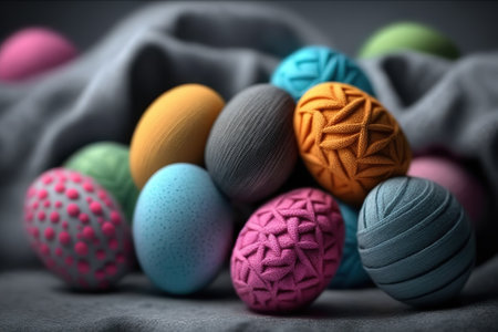colourful Easter eggs on grey fabric.の写真素材