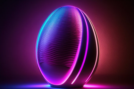 Futuristic easter egg made of neon light, vibrant magenta, pink, and blue colours. Easter concept.の写真素材
