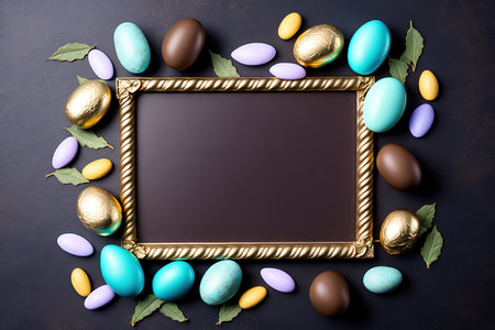 Top down view of an Easter border frame of robin's eggs and chocolate eggs with copy space in the middle.の写真素材
