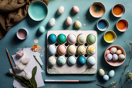 Top view of chicken eggs painted with aquarelle placed on table for Easter.の写真素材