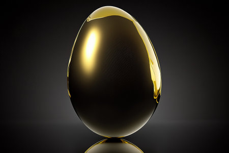 Perfect golden egg. Beautiful shiny golden egg on dark black background.の写真素材