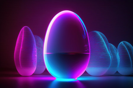 Futuristic easter egg made of neon light, vibrant magenta, pink, and blue colours. Easter concept.の写真素材
