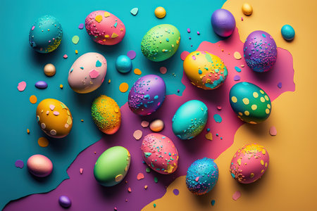 easter eggs on colorful background. top view.の写真素材