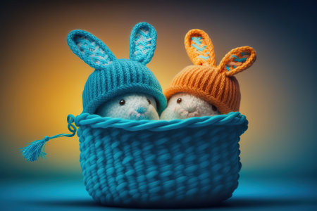 two Easter eggs in knitted hats with bunny ears in a wicker basket. Blue background with neon illumination.の写真素材
