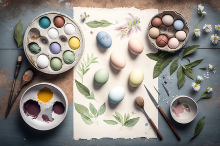 Top view of chicken eggs painted with aquarelle placed on table for Easter.の写真素材