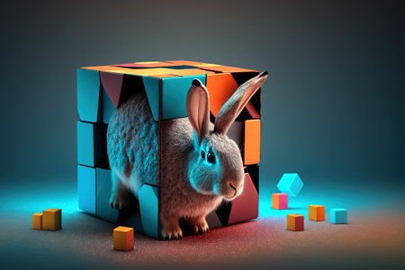 Digital easter concept. Hare or rabbit as a cube. and colorful eggs around.の写真素材