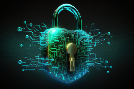 Cybersecurity Padlock, Digital Lock on Technology Network Data Protection Background.