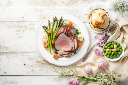 Classic Easter ham dinner. Above view frame on a white wood background with copy space. stock photo Easter, Food, Table, Dinner, Meal.の写真素材