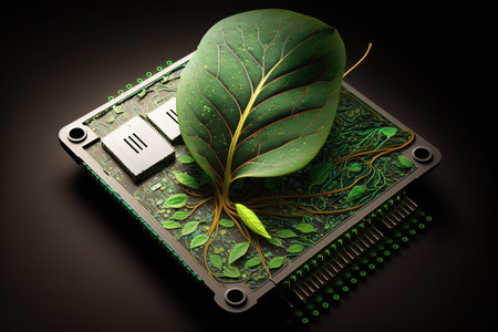 Green sprout on a computer chip. Organic digital background.の写真素材