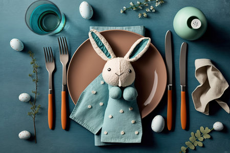 Easter table setting concept. Funny rabbit top view and flat lay. stock photo Easter, Dinner, Menu, Table, Napkin.の写真素材