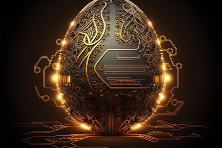 Digital egg in tech futuristic style. Greeting card with abstract 3d egg with circuit board texture. Glowing vector illustration.の写真素材