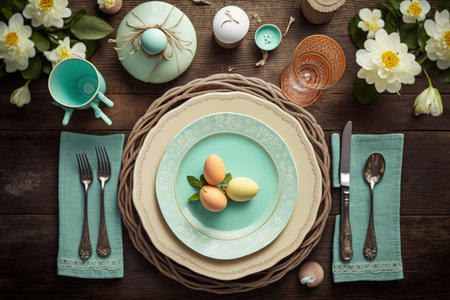 Easter table setting, view from above stock photo Easter, Dinner, Table, Elegance.の写真素材