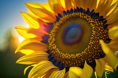 A vivid close-up of a sunflower head highlights the beauty, fragility and freshness of growth in nature.の写真素材
