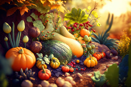 A vibrant array of freshly picked, organic pumpkins highlight the abundance and wellbeing of autumns agricultural bounty.の写真素材