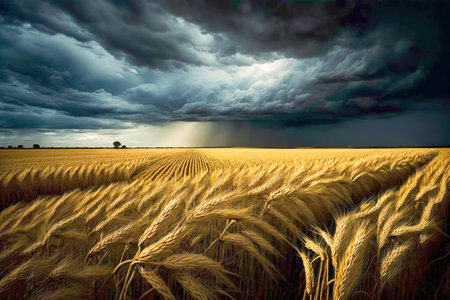 A field of wheat with a stormy sky in the background.の写真素材