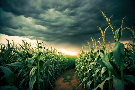 A dramatic sky looms over a rural landscape of cereal plants, lush with growth and vibrant in their environment. A thunderstorm brews overhead, adding to the beauty of this agricultural scene.の写真素材
