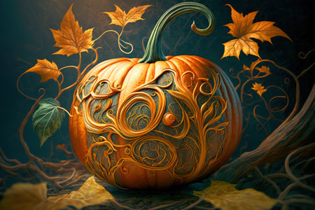 A bright orange pumpkin resting in an autumn field, its ridged surface glistening in the sun.の写真素材