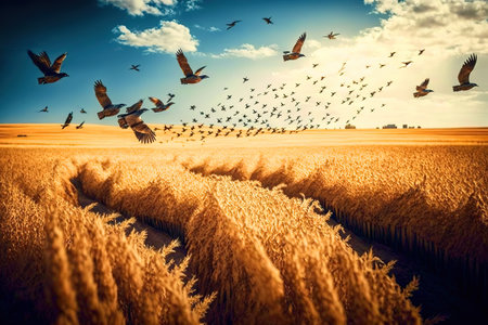 A flock of birds flying over a field of crops.の写真素材