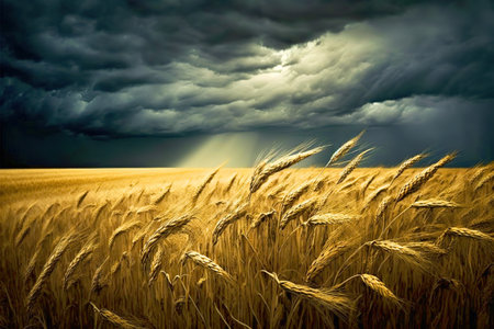 A field of wheat with a stormy sky in the background.の写真素材