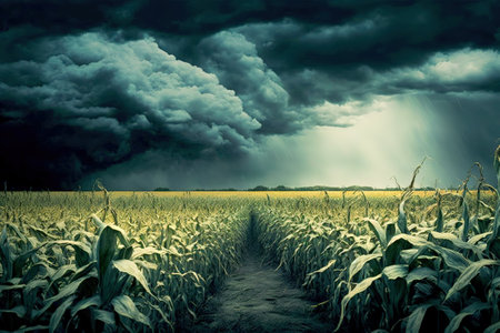 A dramatic sky looms over a rural landscape of cereal plants, lush with growth and vibrant in their environment. A thunderstorm brews overhead, adding to the beauty of this agricultural scene.の写真素材