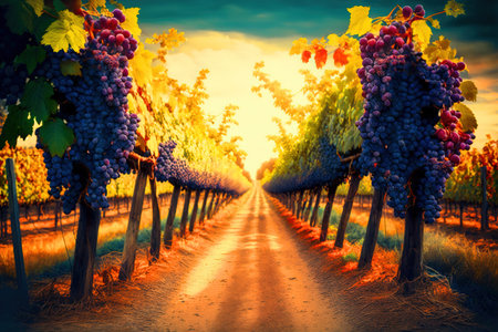 A shot of a vineyard with rows of ripe grapes.の写真素材