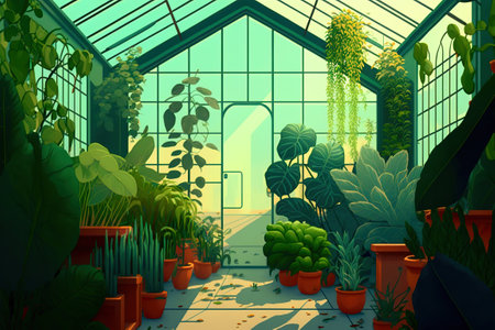 A greenhouse filled with potted plants.の写真素材