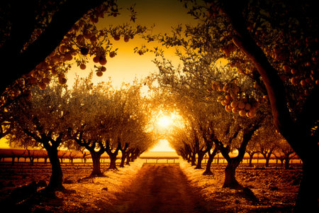 A tree-lined orchard with a setting sun in the background.の写真素材