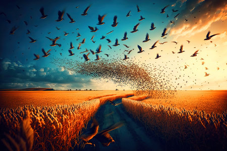 A flock of birds flying over a field of crops.の写真素材
