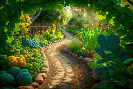 A pathway leading through a lush vegetable garden.の写真素材
