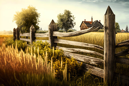 A rustic wooden fence with fields of crops in the background.の写真素材
