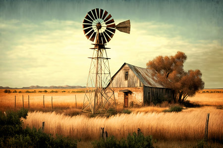 A rustic old windmill in the middle of a field.の写真素材