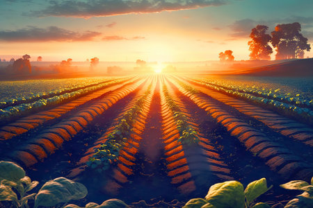 A field of vegetables in the early morning mist.の写真素材