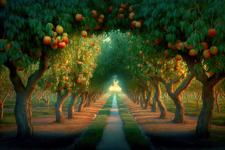 A tree-lined orchard with ripe apples on the branches.の写真素材