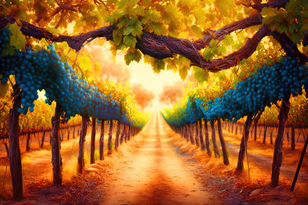 A shot of a vineyard with rows of ripe grapes.の写真素材