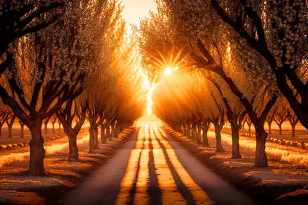 A tree-lined orchard with a setting sun in the background.の写真素材