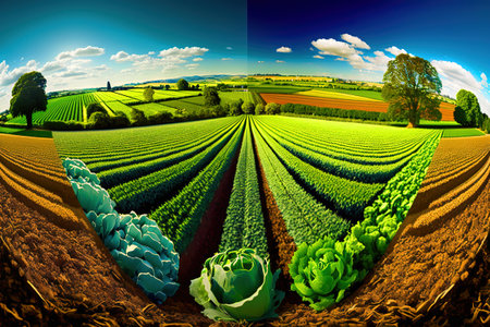 A panoramic shot of a field of vegetables.の写真素材