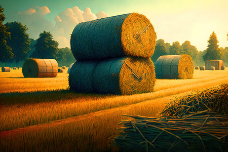A peaceful rural scene of a circle of bales surrounded by golden cereal plants, harvested hay and rolling cloud-dotted skies.の写真素材